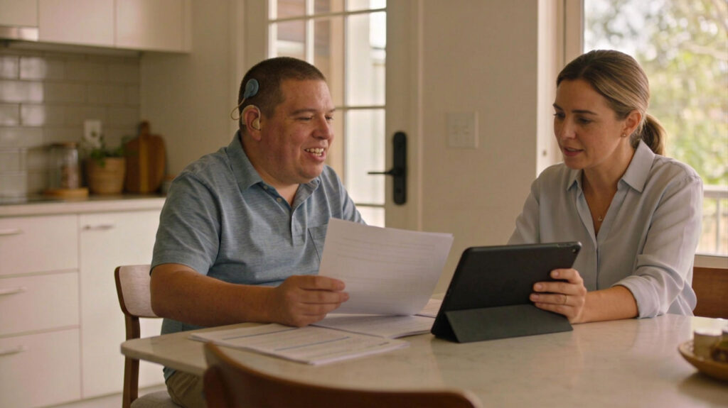 Man with cochlear implant at kitchen table with support worker