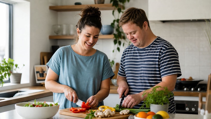 Support worker and NDIS participant preparing a meal together in a shared kitchen