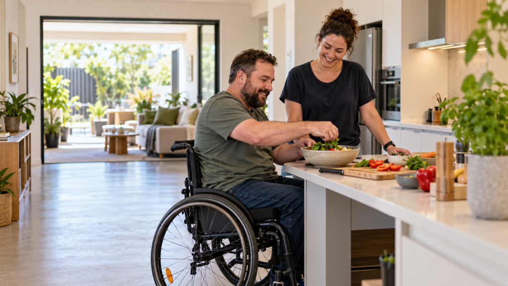 Wheelchair user preparing a meal with a support worker in an accessible home, illustrating daily support and housing in SIL vs SDA