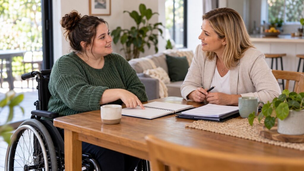 Wheelchair user reviewing home and living goals with a support coordinator while preparing a Supported Independent Living request under the NDIS